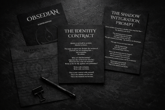 Flat‑lay of OBSEDIAN Life Architecture System Starter Edition pages, including Identity Contract, Blueprinting, and Shadow Integration Prompt, arranged on a black desk with a dark, minimalist aesthetic.