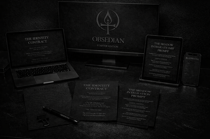 Full workspace spread showing the OBSEDIAN Life Architecture System Starter Edition across multiple devices and printed pages, including Identity Contract, Blueprinting, and Shadow Integration Prompt, arranged on a dark minimalist desk.