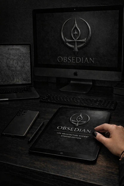 Close‑up of the OBSEDIAN Life Architecture System Starter Edition displayed across multiple devices, with a hand touching the tablet screen on a dark minimalist desk.