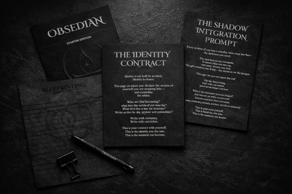 Flat‑lay of OBSEDIAN Life Architecture System Starter Edition pages, including Identity Contract, Blueprinting, and Shadow Integration Prompt, arranged on a black desk with a dark, minimalist aesthetic.