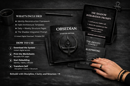 What’s Included overview for the OBSEDIAN Life Architecture System Starter Edition, showing identity, habit, and shadow work components with a dark minimalist workspace aesthetic.